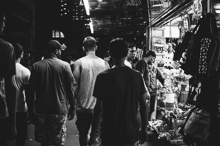 black and white, crowd, gang, market, people, sales, shop, HD wallpaper