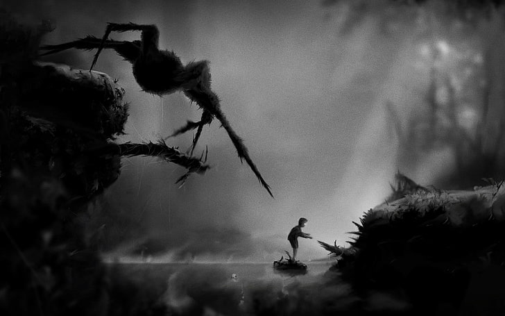 Graustufenfoto der Spinne im Dschungel, Schwebe, Spinne, Kinder, Dunkelheit, Videospiele, HD-Hintergrundbild