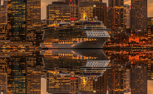 city, cityscape, ship, cruise ship, reflection, sea, water, lights, HD wallpaper HD wallpaper