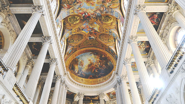 Château de Versailles, istana, emas, marmer, lukisan dinding, Wallpaper HD