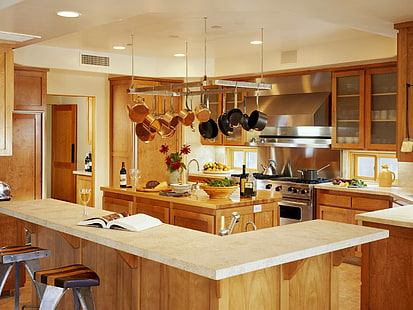 коричневый деревянный шкаф, кухонный гарнитур, посуда, мебель, стиль, интерьер, HD обои HD wallpaper