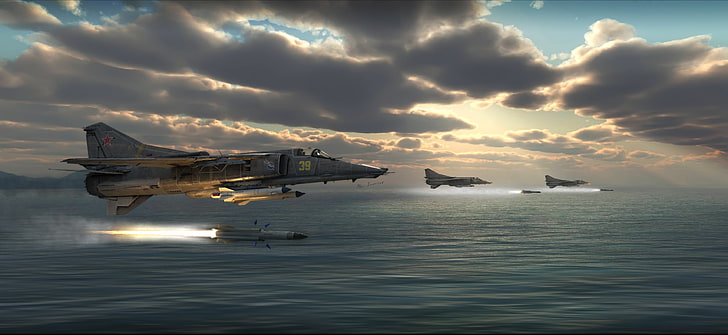 Drei graue Kampfflugzeuge, Raketen, Art, BBC, Jagdbomber, Sowjet, Überschall, Die MiG-27, dritte Generation, HD-Hintergrundbild