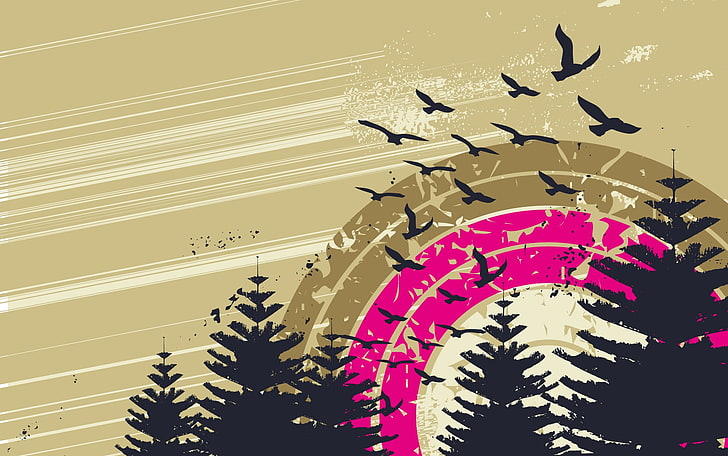 lukisan burung, langit, burung, lingkaran, pohon, Wallpaper HD