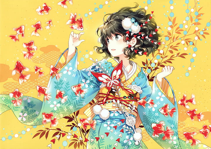 anime, gadis anime, kimono, pakaian Jepang, ikan, karakter asli, Wallpaper HD
