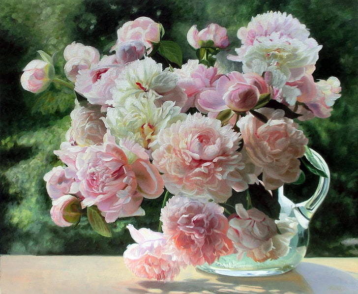 white and pink petaled flower arrangement, summer, light, flowers, tenderness, picture, still life, peonies, decanter, Zbigniew Kopania, HD wallpaper