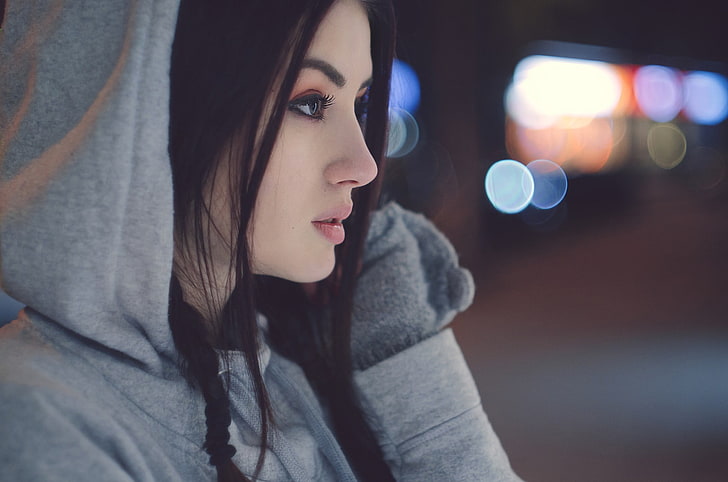 gray hoodie, women, face, hoods, looking away, brunette, HD wallpaper