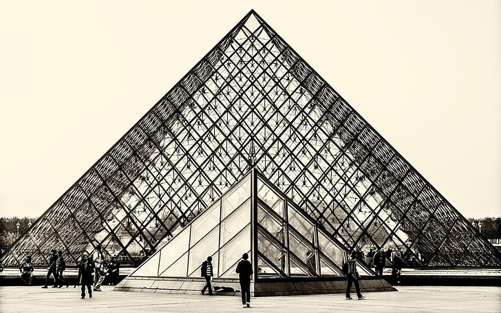 photography, monochrome, architecture, museum, Paris, Louvre, pyramid, HD wallpaper