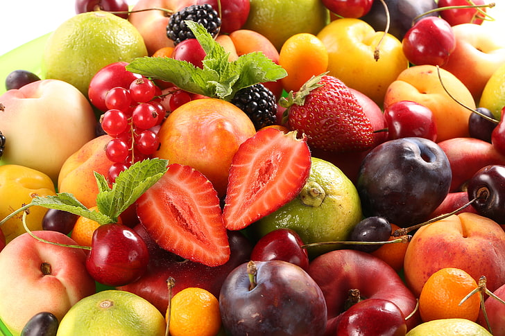 varietà assortita di frutta, bacche, fragole, frutta, pesche, prugne, fresche, ciliegia, frutta, Sfondo HD