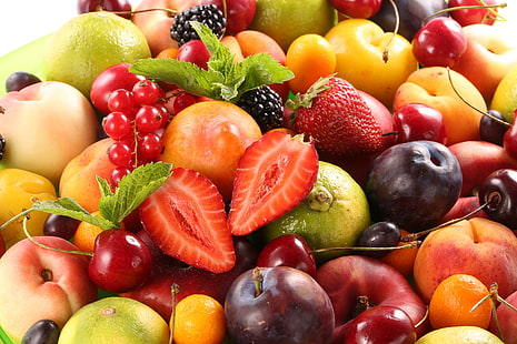 variedade sortida de frutas, bagas, morango, fruta, pêssegos, ameixa, fresca, cereja, frutas, HD papel de parede HD wallpaper