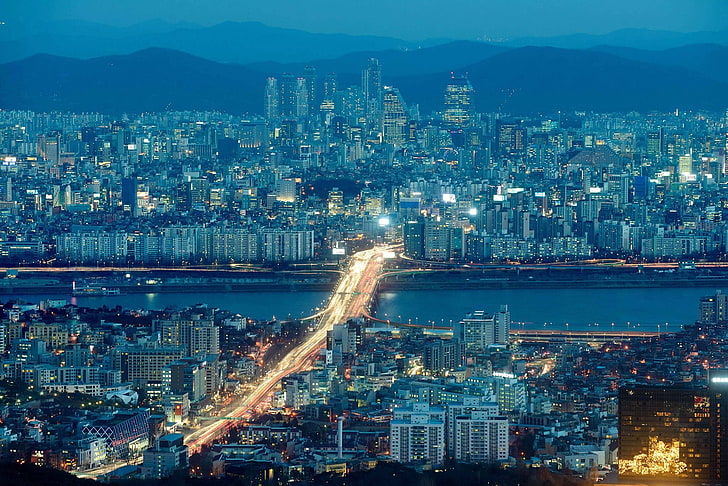river, photography, city, urban, cityscape, building, skyscraper, bridge, highway, Seoul, long exposure, HD wallpaper
