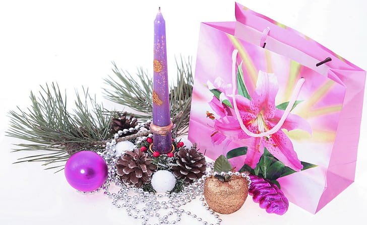 new year, christmas, candle, cones, christmas decorations, attributes, gift, purple candle stick with pine cones stand and baubles, new year, christmas, candle, cones, christmas decorations, attributes, gift, HD wallpaper