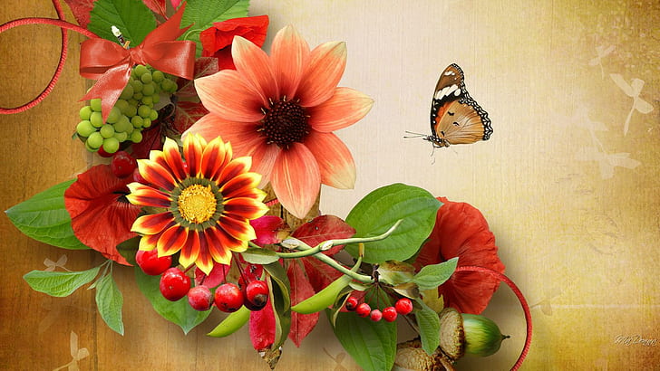 Autumn cerah, dekorasi bunga merah muda merah dan hijau, pita, gugur, daun, cerah, kupu-kupu, musim panas, bunga, musim gugur, cahaya, Wallpaper HD