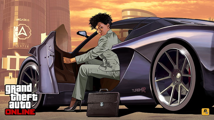 Personnage GTA 5 dans l'illustration de la voiture, Grand Theft Auto V, Grand Theft Auto V en ligne, Rockstar Games, voiture, Fond d'écran HD