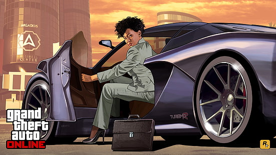 Postać z GTA 5 na ilustracji samochodu, Grand Theft Auto V, Grand Theft Auto V Online, Rockstar Games, samochód, Tapety HD HD wallpaper