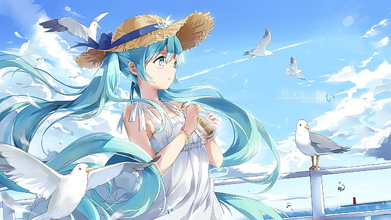 hatsune miku, pájaros, vocaloid, sombrero, vestido de verano, nubes, Anime, Fondo de pantalla HD HD wallpaper