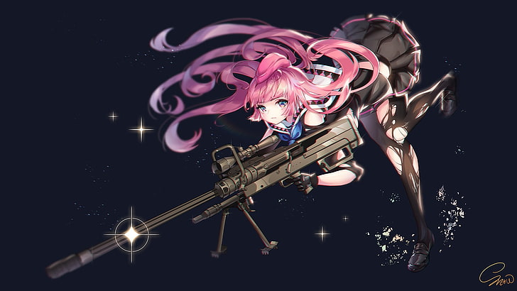 снайперская винтовка, чулки, юбка, розовые волосы, аниме девушки, девушки с оружием, Girls Frontline, ntw-20 (Girls Frontline), HD обои