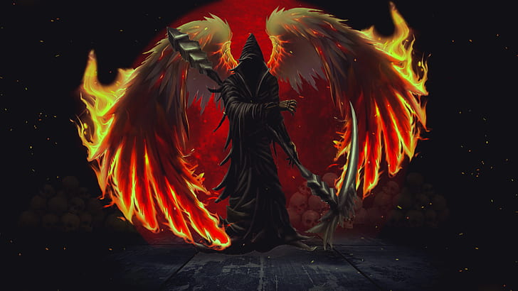 Grim Reaper, Lune rouge, ailes, crâne, crâne et os, 4 cavaliers, particules flottantes, Fond d'écran HD