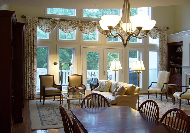 прямоугольный коричневый деревянный обеденный стол и стулья, дизайн, дом, стиль, вилла, интерьер, коттедж, усадьба, гостиная, HD обои