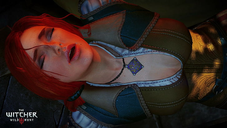 Triss Merigold, The Witcher 3: Perburuan Liar, wanita, mulut terbuka, mata tertutup, belahan dada, Wallpaper HD