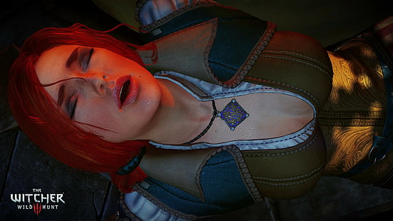 Triss Merigold, The Witcher 3: Wild Hunt, femmes, bouche ouverte, yeux fermés, décolleté, Fond d'écran HD HD wallpaper