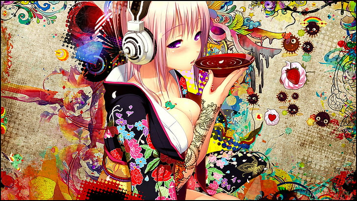 аниме момичета, слушалки, цветни, къса коса, японско момиче, аниме момичета, слушалки, цветни, къси коси, японско момиче, HD тапет