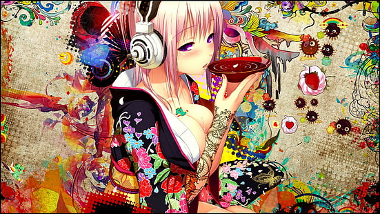 anime girls, headphones, colorful, short hair, japanese girl, anime girls, headphones, colorful, short hair, japanese girl, HD wallpaper HD wallpaper
