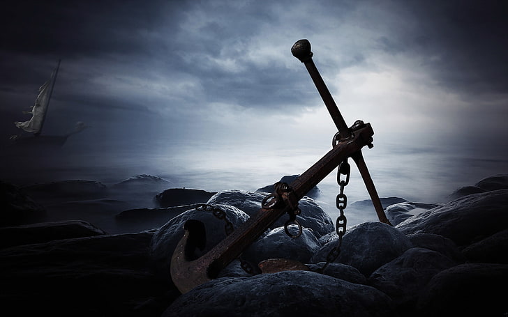dark ocean, anchor, rocks, wrecked ship, clouds, Fantasy, HD wallpaper