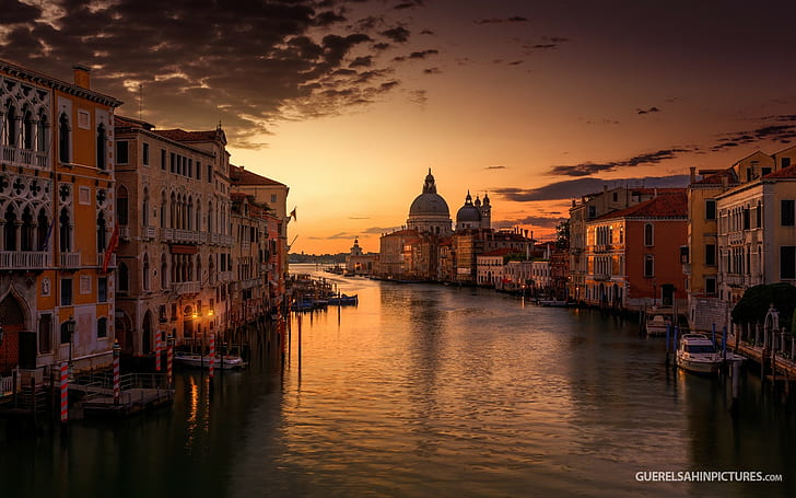 Venecia, Catedral, cielo, casa, Venecia, Catedral, paz, canal, fotógrafo, puesta de sol, Guerel Sahin, silencio, Fondo de pantalla HD