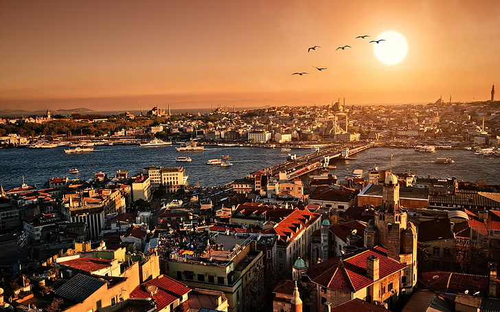 бели и кафяви къщи, вечер, залез, Турция, панорама, Стамбул, HD тапет