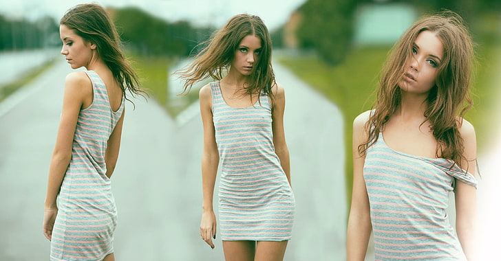 vestido corto sin mangas gris a rayas para mujer collage, collage, mujer, modelo, pezones a través de la ropa, Ksenia Kokoreva, Fondo de pantalla HD