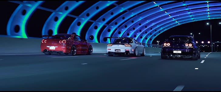 luces de la ciudad, noche, coche, Nissan Skyline GT-R R34, Nissan Skyline GT-R R33, Mazda RX-7, Fondo de pantalla HD