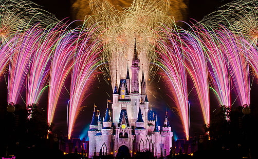Feux d'artifice sur le château de Cendrillon, château rose de Disneyland, vacances, nouvel an, magie, feux d'artifice, Floride, vacances, Orlando, Disneyland, château de Cendrillon, Walt Disney World, Fond d'écran HD HD wallpaper