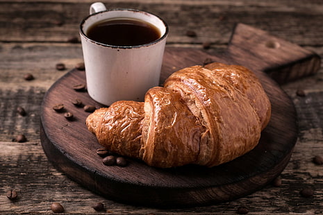 Food, Breakfast, Coffee, Coffee Beans, Croissant, Cup, Still Life, Viennoiserie, HD wallpaper HD wallpaper