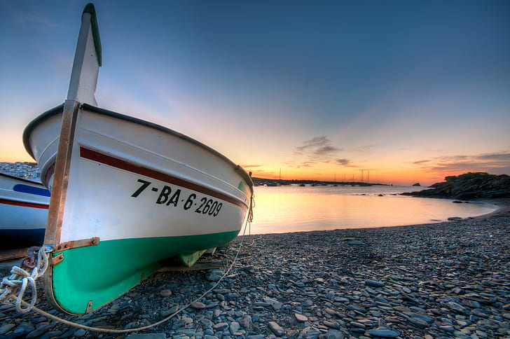 white and green boat on shore during sunset, Sunrise, Boat, Cadaques, white, green, shore, sunset, HDR, nikon  D90, sigma, wide-angle, wide  angle, sun, spain, espana, beach, stones, pebbles, high  dynamic  range, sea, nautical Vessel, nature, coastline, outdoors, HD wallpaper