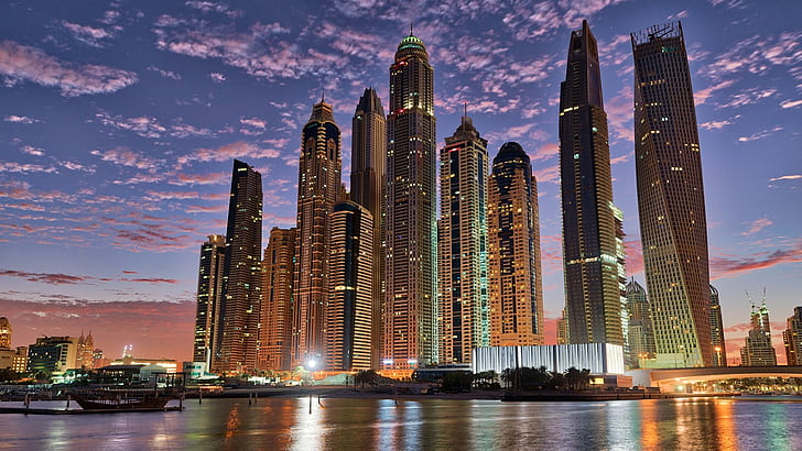 lampu-lampu kota, lanskap kota, gedung pencakar langit, metropolis, dubai, emirat arab bersatu, kaki langit, uae, blok menara, pencakar langit spiral, menara, menara bengkok, bangunan, menara infinity, Wallpaper HD