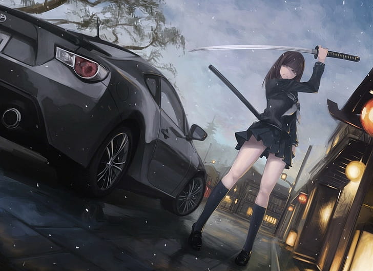 Anime Girls, Anime, Katana, Auto, Fahrzeug, Minirock, HD-Hintergrundbild