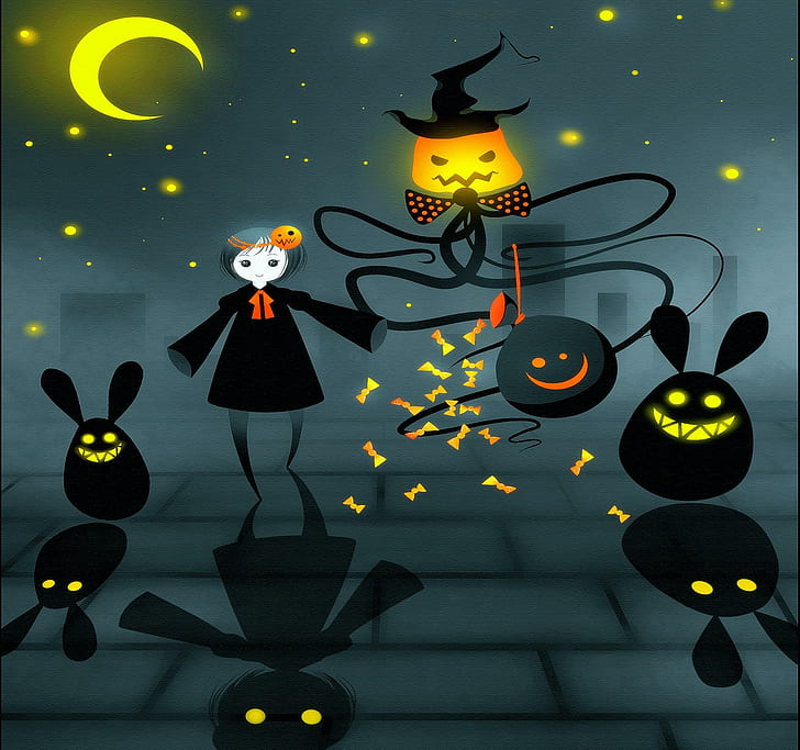 Funny in Halloween, black bunny illustration, drawings, halloween, soul, digital-art, spooky, ghost, funny-in-halloween, pumpkins, october-31st, holiday, HD wallpaper
