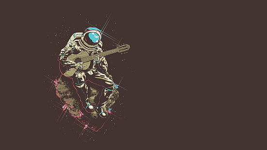 Astronauta tocando la guitarra ilustración, minimalismo, espacio, guitarra, astronauta, asteroide, Fondo de pantalla HD HD wallpaper