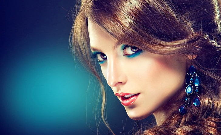 Turquoise Makeup, women's red lipstick, Girls, Portrait, Turquoise, Eyes, Model, Fashion, makeup, earrings, HD wallpaper