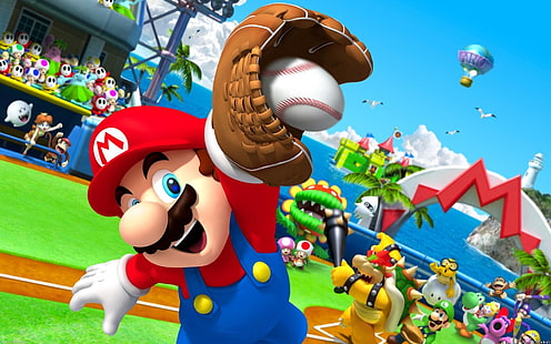 วิดีโอเกม Mario Super Sluggers, Bowser, Luigi, Mario, Maskass (Mario), Piranha Plant, Princesse Daisy, Princesse Peach, Toad (Mario), Waluigi, Wario, Yoshi, วอลล์เปเปอร์ HD HD wallpaper