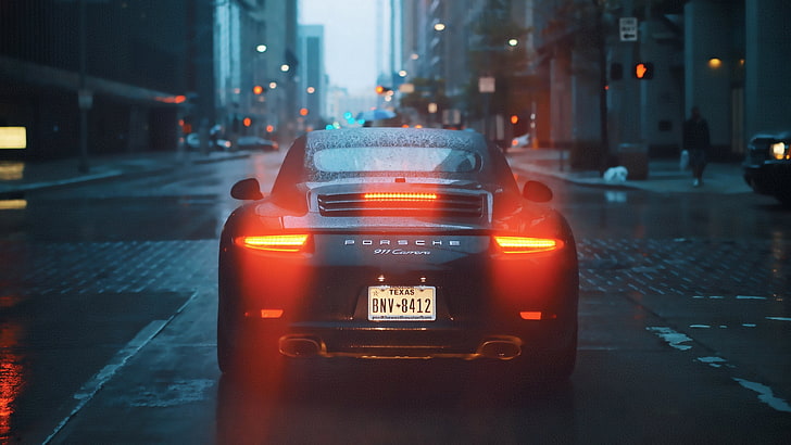 911 carrera, lampu, hitam, hujan, olahraga, mobil, tampilan belakang, Kendaraan, Wallpaper HD