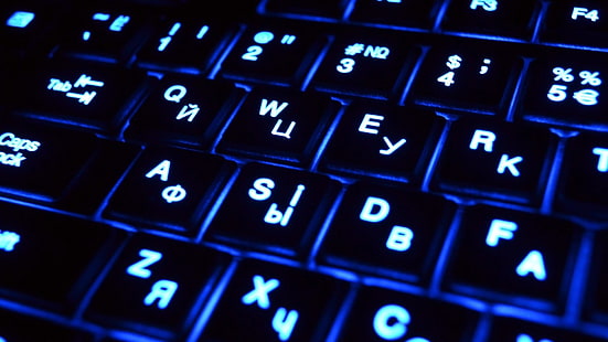 青と黒の照明付き機械式コンピューターのキーボード、キーボード、バックライト、キー、 HDデスクトップの壁紙 HD wallpaper
