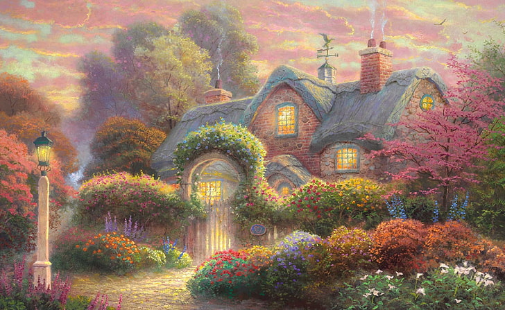 Fairytale Cottage Painting, rumah dengan lukisan taman, Artistik, Gambar, Lukisan, Cottage, Fairytale, Wallpaper HD