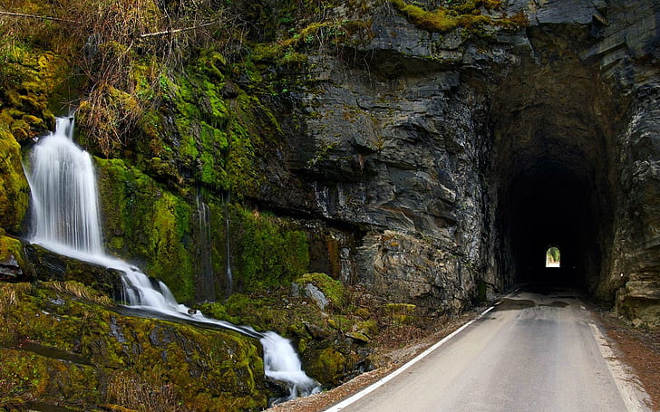 Hermosa entrada al túnel, cascadas, túnel, carretera, roca, entrada, 3d y abstracto, Fondo de pantalla HD