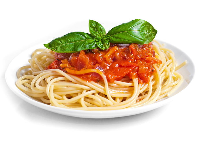 plate of spaghetti, pasta, sauce, greens, HD wallpaper