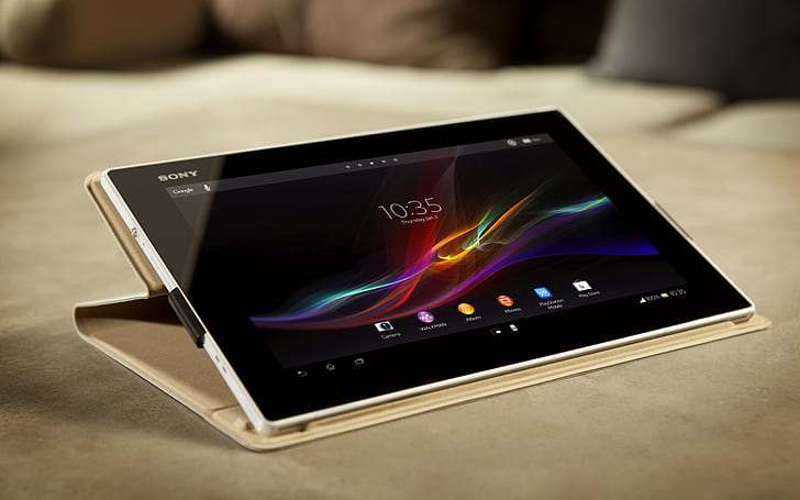 Sony Xperia Tablet Z、茶色の革製フリップカバー付きの白いソニータブレット、ソニー、xperia、タブレット、ハイテク、 HDデスクトップの壁紙
