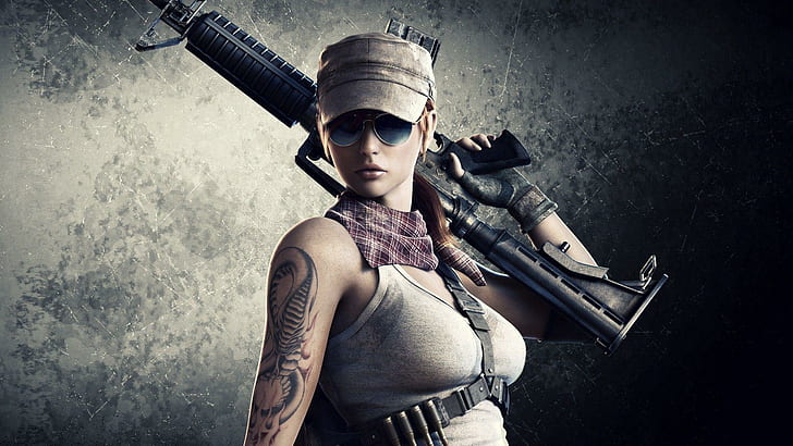 Татуирана жена войник, персонаж от усойница, момичета, 1920x1080, жена, войник, татуировка, пушка, HD тапет