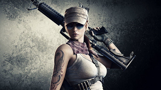 Татуирана жена войник, персонаж от усойница, момичета, 1920x1080, жена, войник, татуировка, пушка, HD тапет HD wallpaper