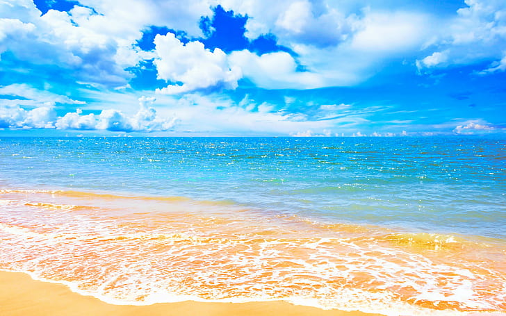 Spiaggia, blu, nuvola, highres, orizzonte, pastello, mare, cielo, Sfondo HD