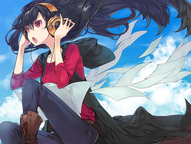 anime girls, headphones, sky, paper, HD wallpaper